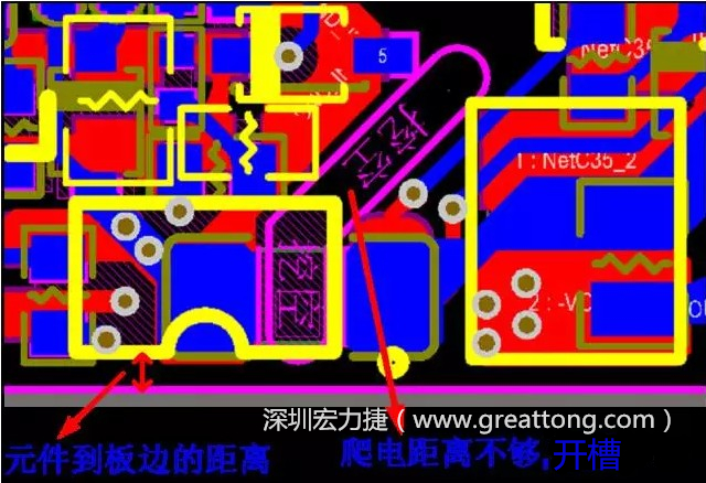 如果碰到模塊PCB空間有限，爬電距離不夠，可以采用開槽的方式