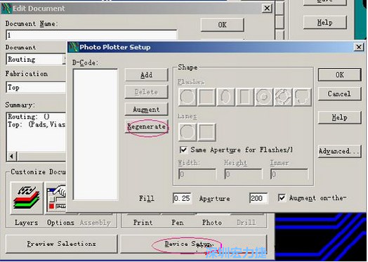 當Gerber和鉆孔都設(shè)置完后，選擇一貼片元件較多的層（一般為Top層），點擊Device SetupPhoto，將 Plotter Setup窗口D-Code欄原有的D碼刪除并按Regenerate重新生成