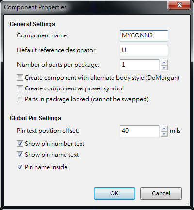 按下工具  "Create a new component"， 出現(xiàn)底下畫面， 按下OK后， 產(chǎn)生MYCONN3/U? 文字重迭在一在， 把它們分開(kāi)(用mouse選擇并按下"M"， 即可移動(dòng))